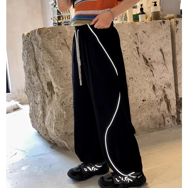 女童工装风休闲裤春季2024新款宽松反光条裤子KZ073