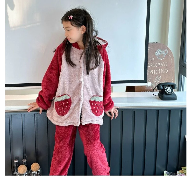 女童家居服睡衣秋冬新款中大童软糯双面绒睡袍套装WE925