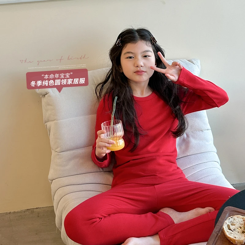 本命年红色保暖内衣套装中大童双面德绒新年服睡衣WS008