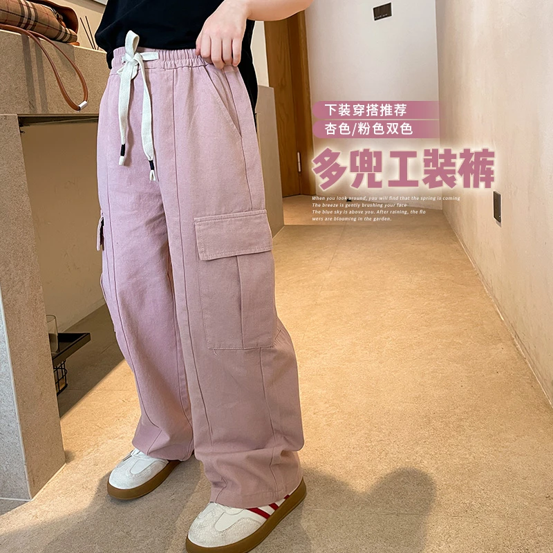 女童工装裤2023春装新款儿童大口袋直筒休闲裤韩版宽松裤子CH705