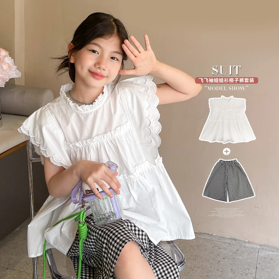 女童套装夏2023新款中大童花边娃娃衫格子短裤两件套潮WE862