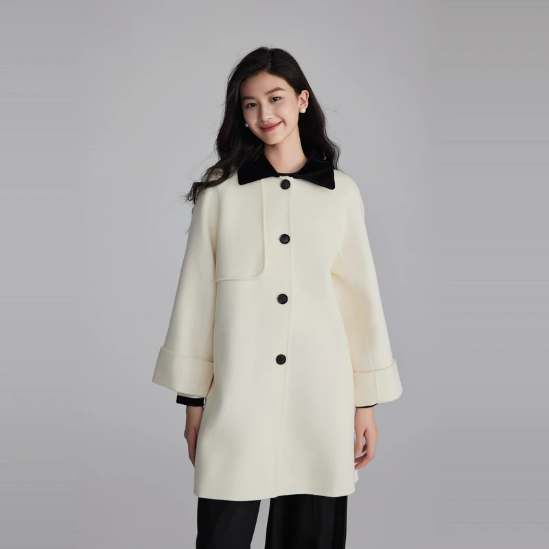 OBEG欧碧倩时尚冬季中长款撞色宽松毛呢翻领撞色秋冬大衣50464520