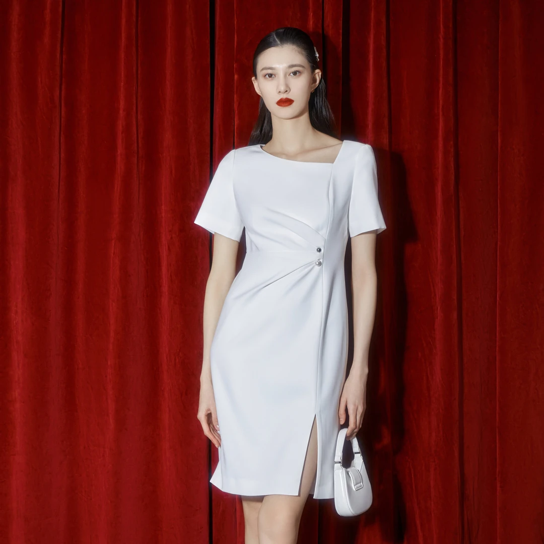 OBEG欧碧倩白色法式简约名媛捏褶收腰春夏超显瘦连衣裙50462514