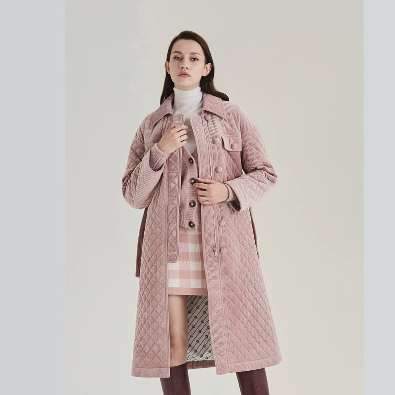 OBEG欧碧倩冬季菱格灯芯绒中长棉服收腰外套10404069