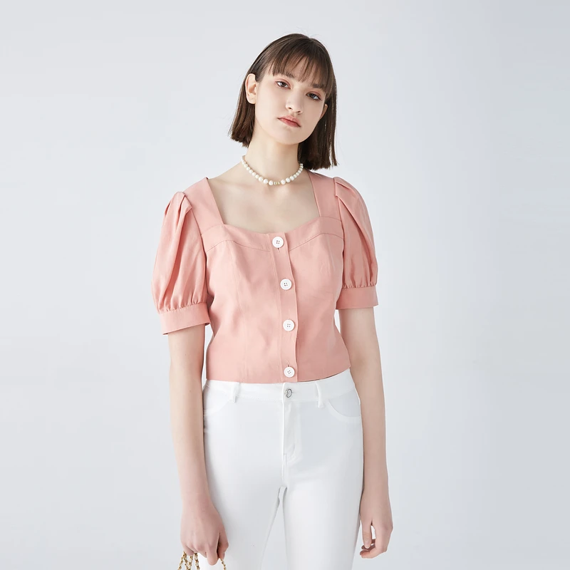 OBEG欧碧倩夏季新款棉麻上衣女时尚方领泡泡袖短衬衫小众10422048