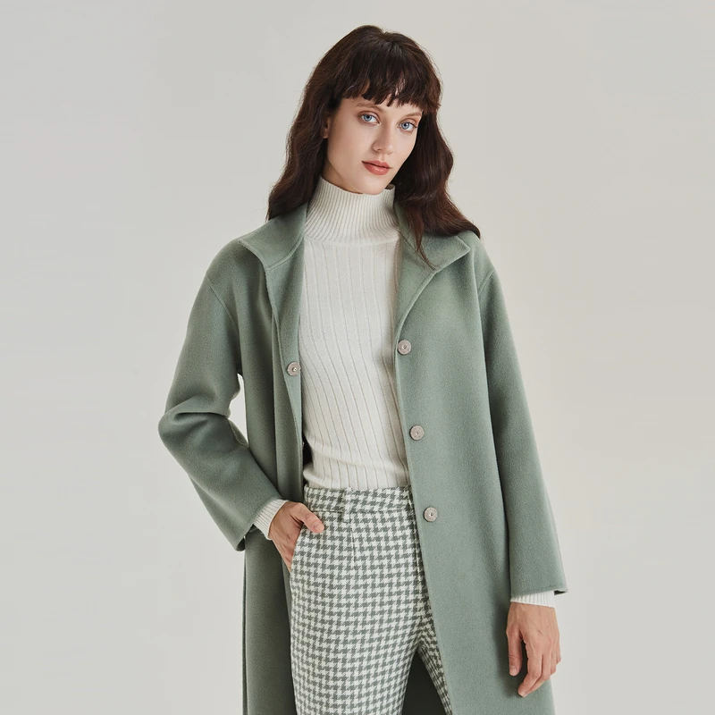 OBEG欧碧倩长款宽松翻领冬时尚女士双面呢大衣10404117