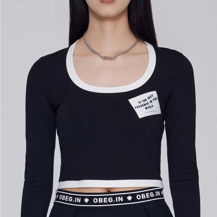 OBEG.IN欧碧倩夏季新款长袖U领撞色短款女装上衣30443050