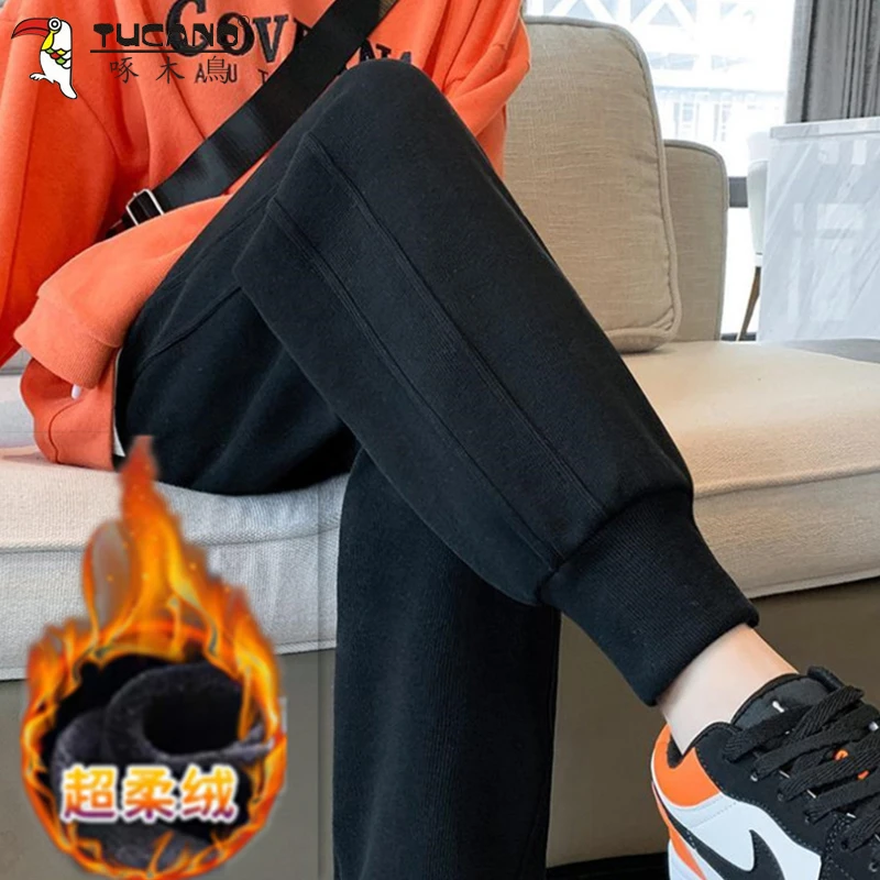 啄木鸟运动裤女2023秋冬新款宽松哈伦裤高腰加绒休闲束脚卫裤ins