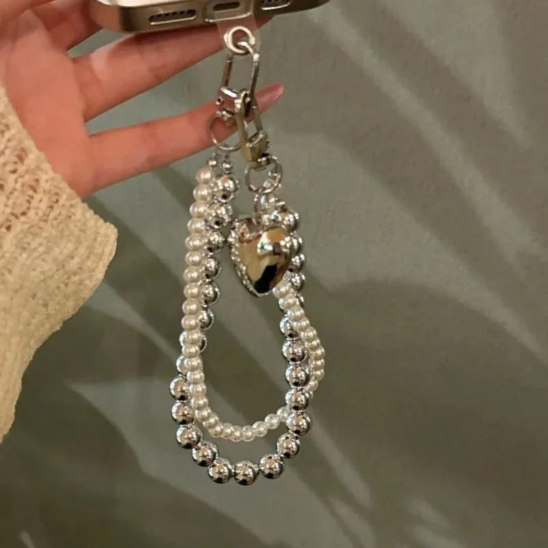 ins冷淡风简约珍珠双链爱心短款链条小众百搭手机壳通用手机链潮