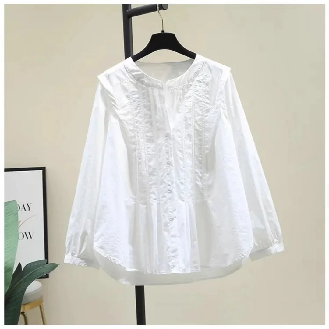 设计感褶皱圆领长袖衬衫女宝藏衣橱上新韩版宽松显瘦衬衣别致上衣