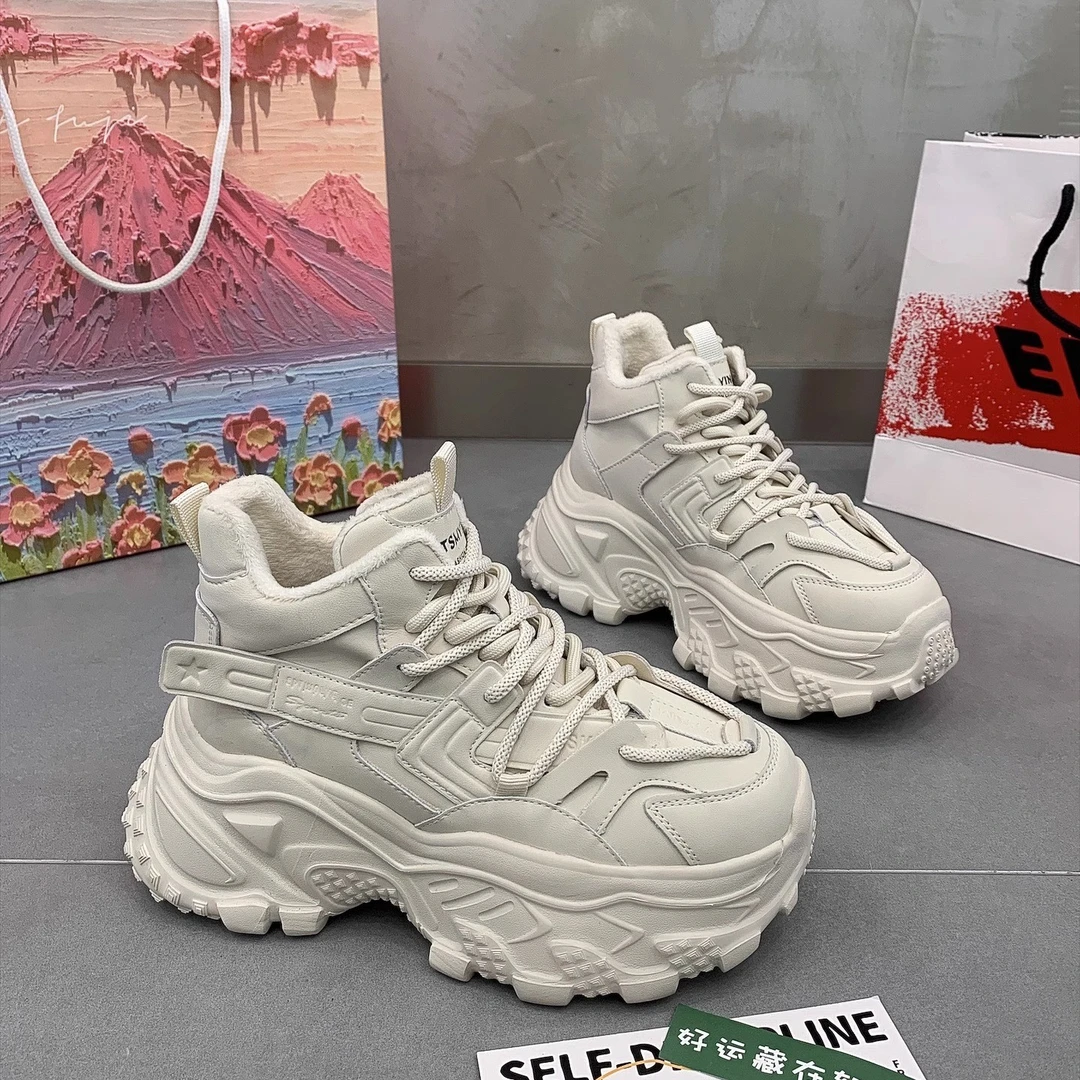 断码处理欧货真皮高帮加绒老爹鞋女2023秋冬松糕厚底运动休闲鞋