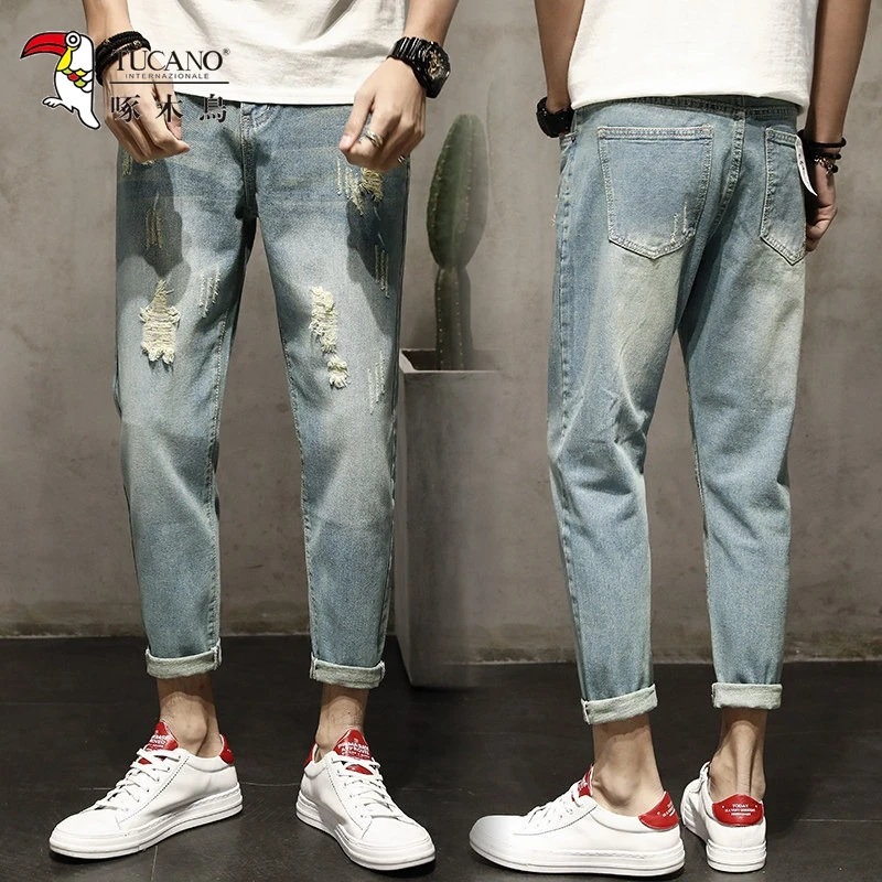 啄木鸟破洞九分牛仔裤男士夏季薄款复古潮牌宽松直筒裤子男装韩版