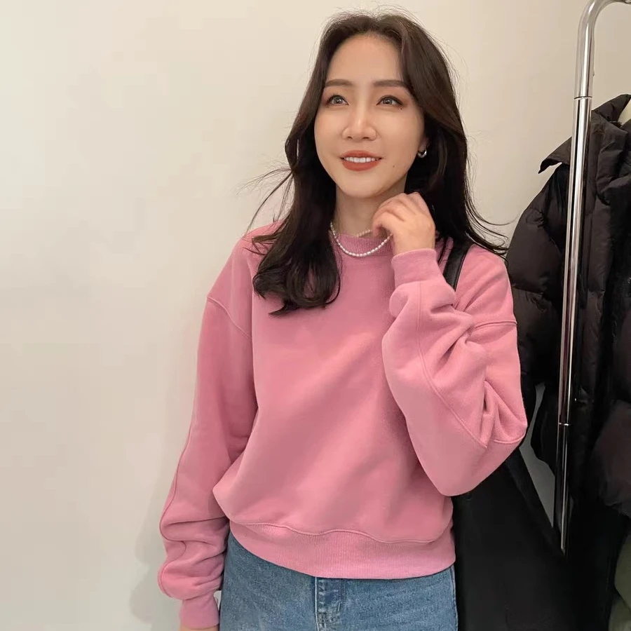 widelia简约百搭圆领短卫衣女2023秋冬韩版气质宽松休闲上衣9838