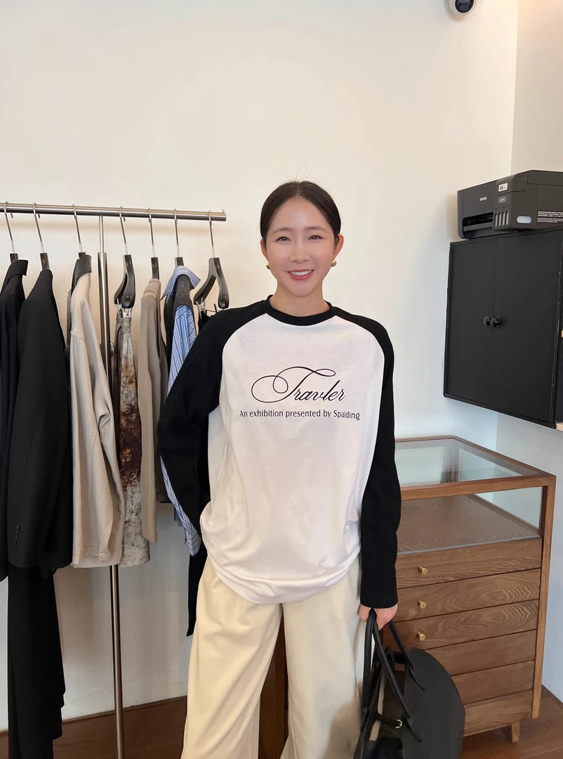 WIDELIA字母印花拼色插肩袖T恤女2024百搭宽松中长款打底衫9175