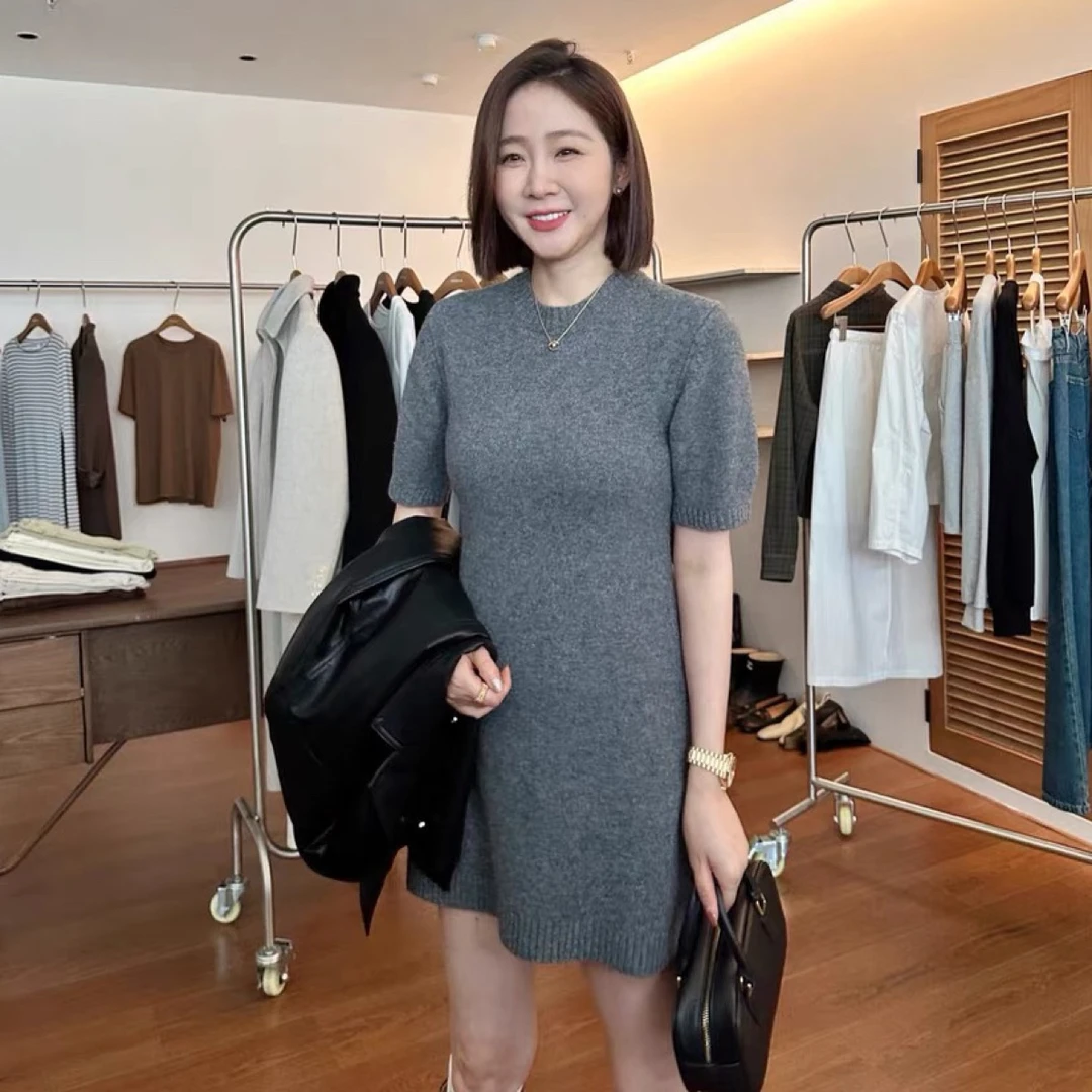 widelia秋毛衣裙百搭黑色短袖针织裙中长款内搭羊毛连衣裙女16123
