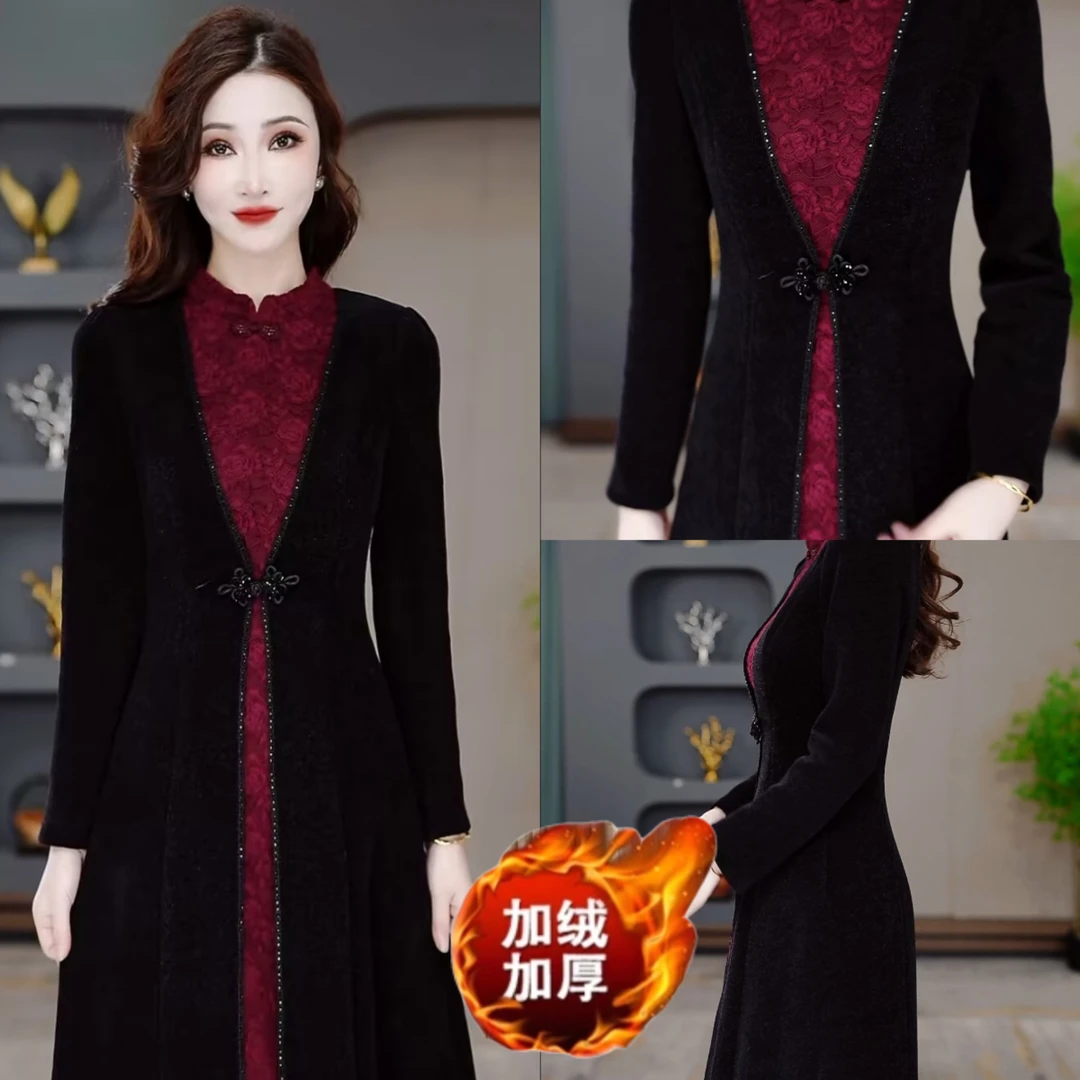 秋冬加厚连衣裙2024秋冬新款显瘦修身气质遮肚加厚裙子MY24J1055