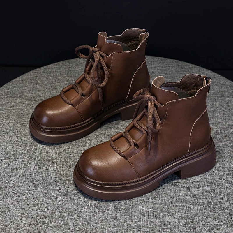 7.5cm厚度短靴女2024秋季新款时尚英伦风真皮小个子内增高马丁靴