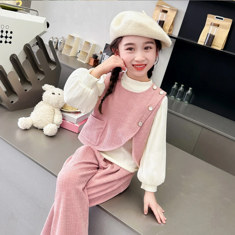 儿童洋气秋装后背蝴蝶结三件套2024新款女宝宝春秋季时髦休闲套装
