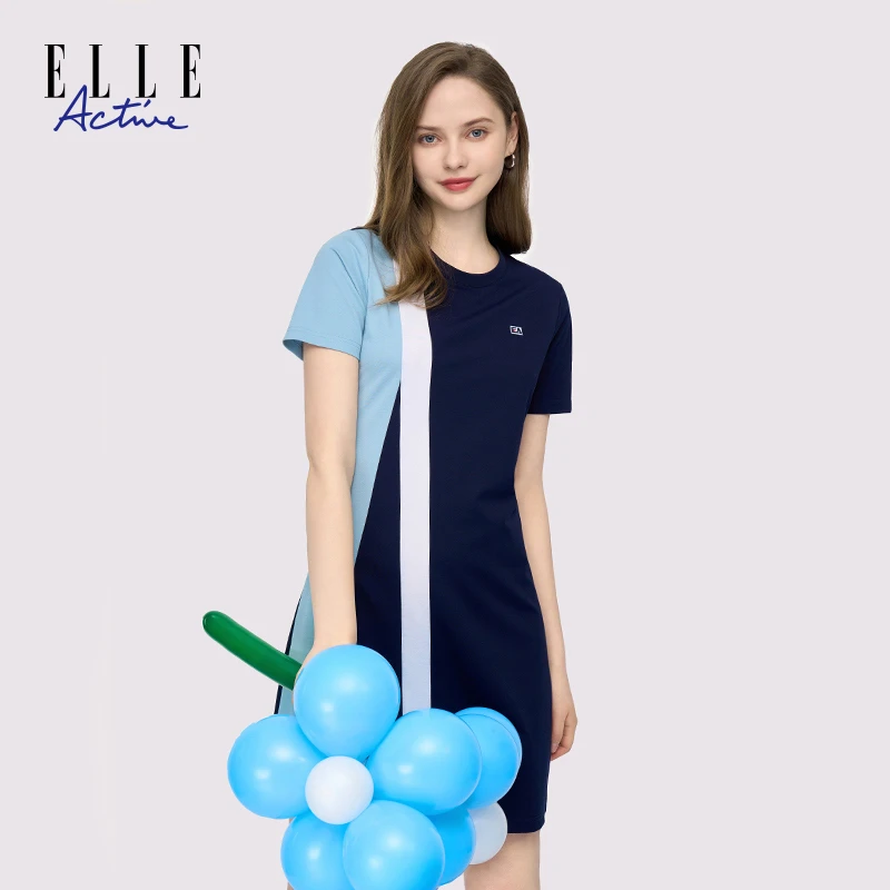 ELLE Active夏季新款女装时尚撞色连衣裙百搭休闲女士圆领A字裙