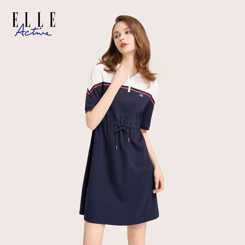 ELLE Active 女士休闲拼接连帽时尚显瘦短袖连衣裙夏季新款