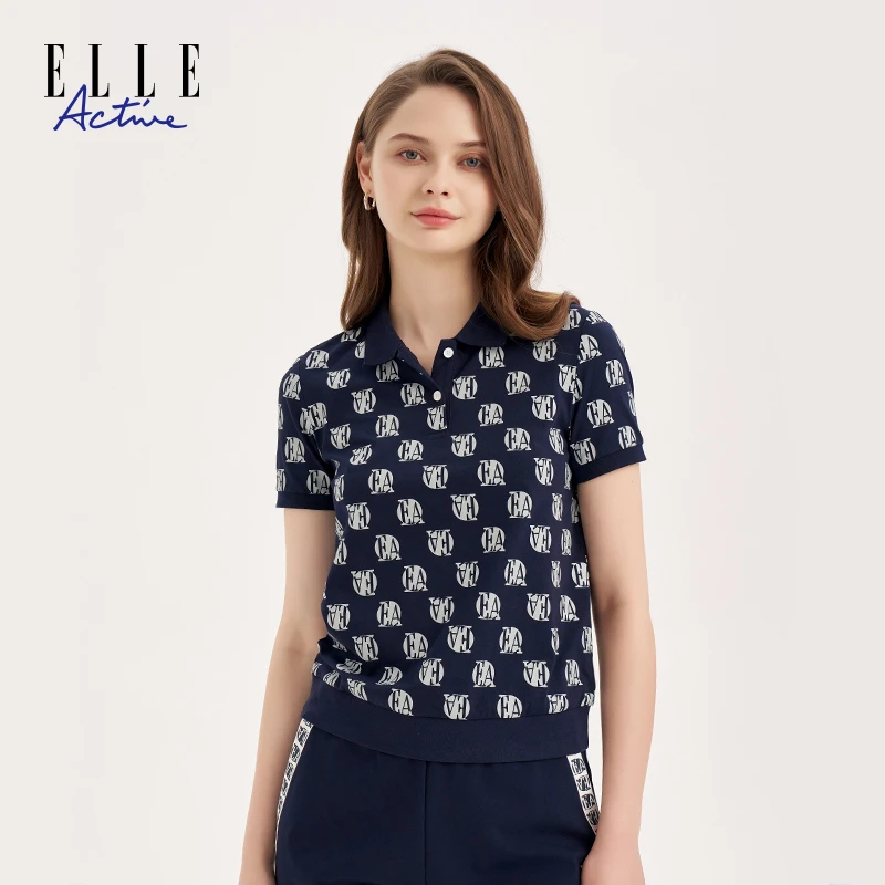 ELLE Active 夏季新款气质复古polo领T恤时尚女士上衣满印