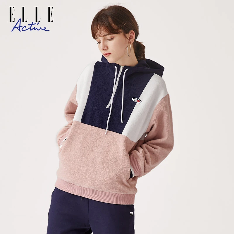 ELLE Active 女装连帽卫衣加厚摇粒绒立领外套时尚休闲撞色上衣