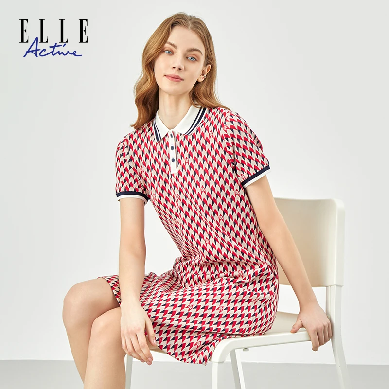 ELLE Active2025夏季新款菱纹撞色polo裙满印短袖显瘦翻领连衣裙