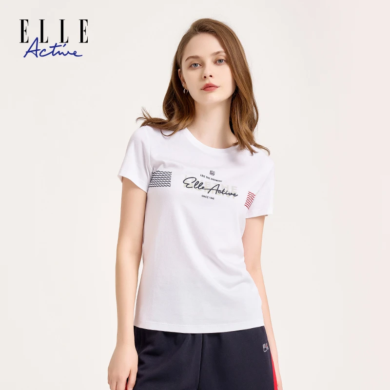 ELLE Active夏季新款字母拼接休闲T恤舒适时尚短袖上衣设计感百搭
