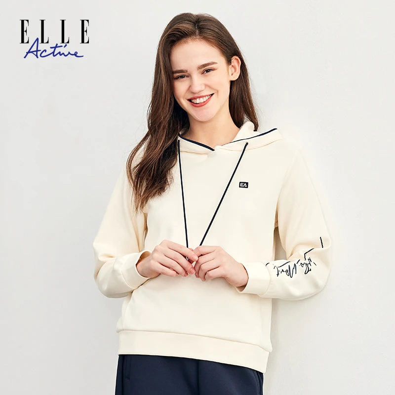 ELLE Active【珠地肌理】连帽卫衣女25秋季新款休闲运动长袖套头衫