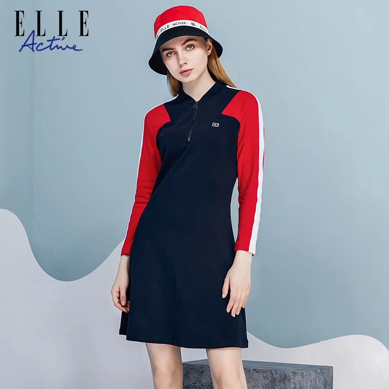 ELLE Active春秋季新款女装撞色裙子显瘦长袖针织连衣裙修身a字裙