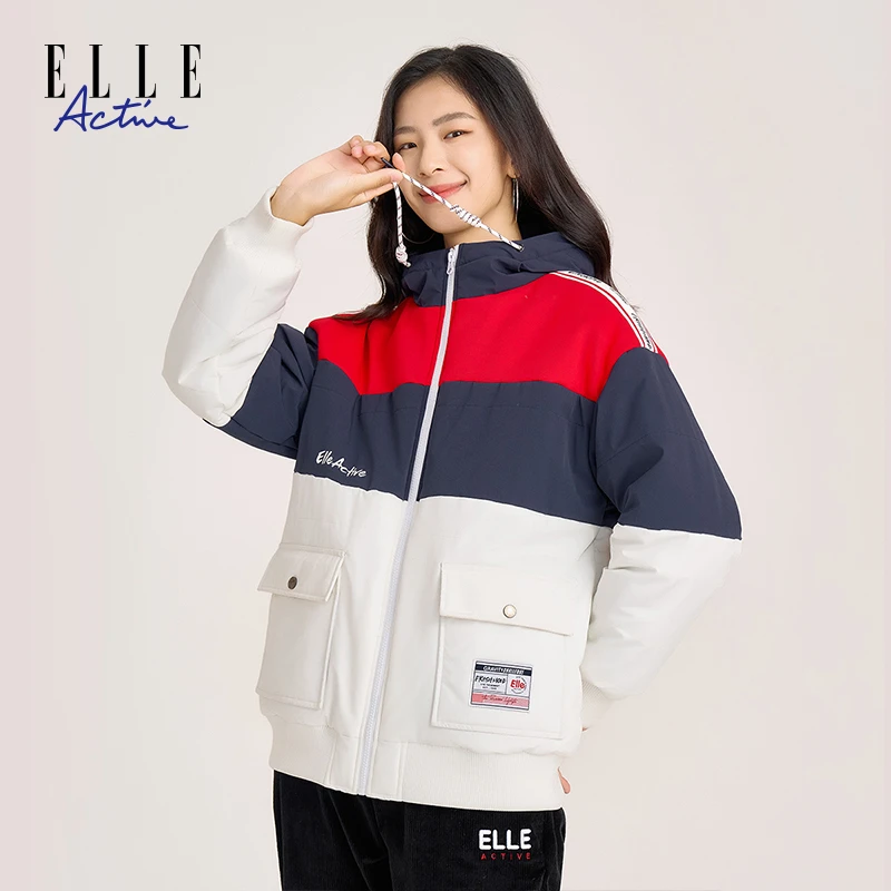 ELLE Active 【品牌元素】女装上衣休闲拼色保暖连帽棉服外套新款