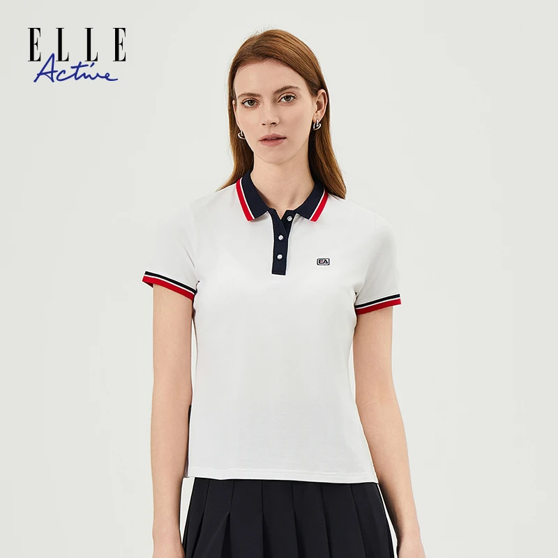 ELLE Active【96棉】修身显瘦短袖T恤女士polo衫夏百搭休闲通勤上衣
