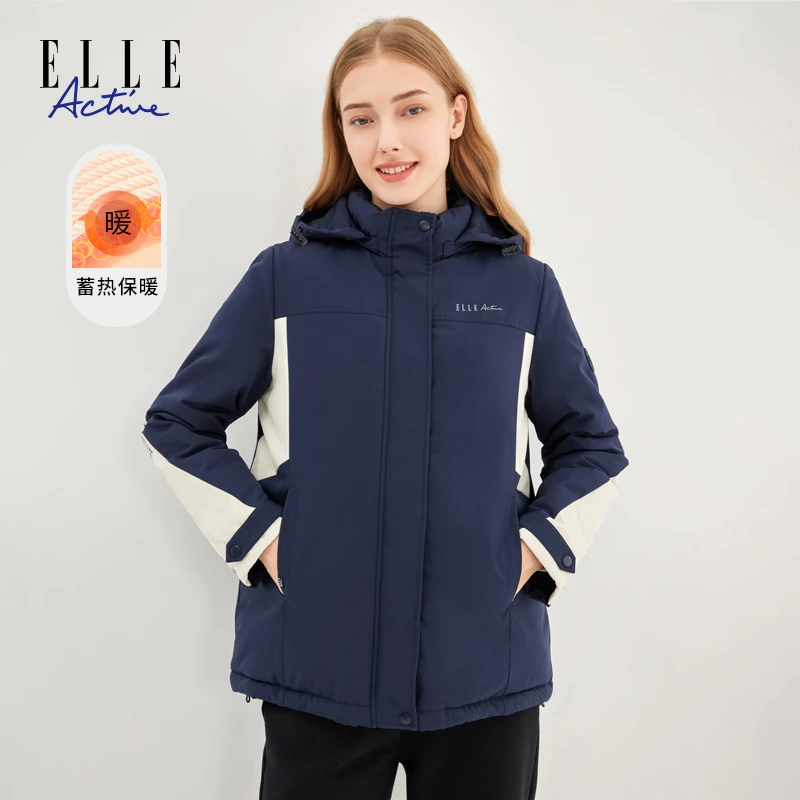 ELLE Active棉服女冬季夹棉连帽外套休闲百搭棉衣保暖时尚派克服