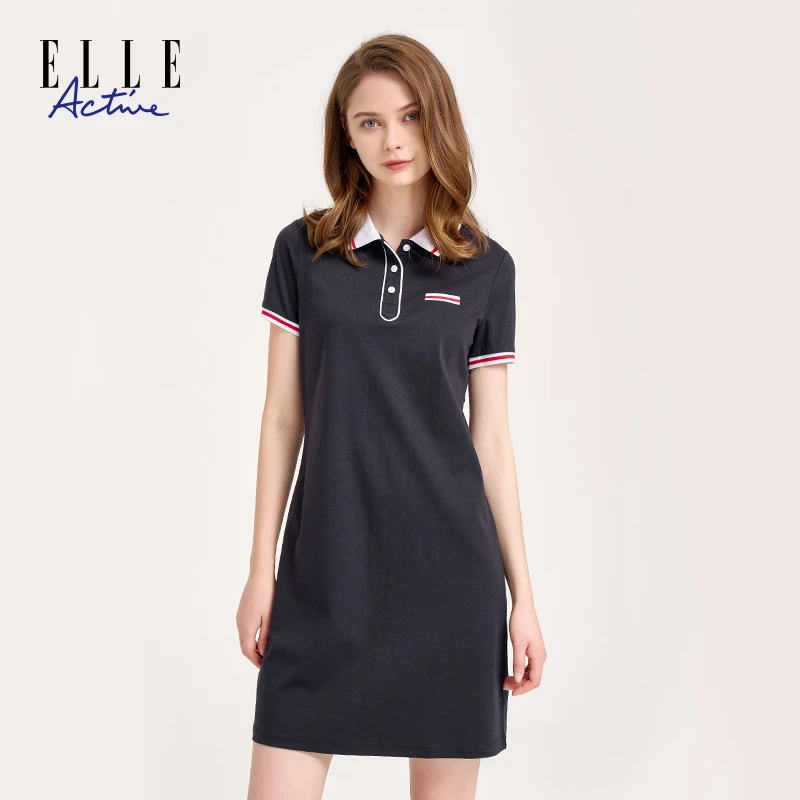 ELLE Active夏季新款POLO领休闲舒适连衣裙时尚运动收腰短袖a字裙