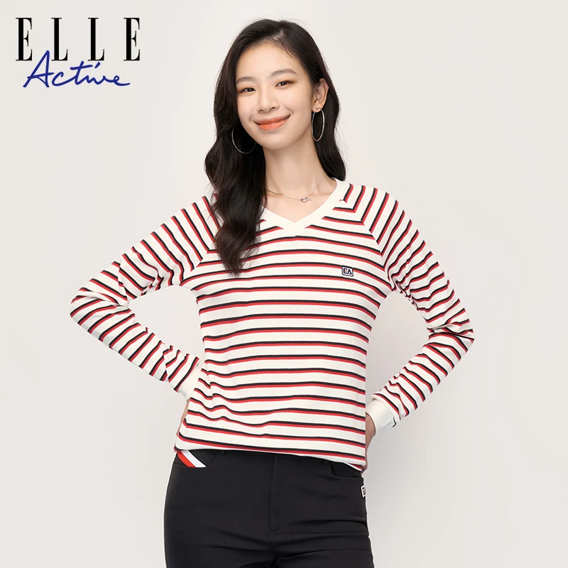 ELLE Active 新款女装休闲条纹打底V领百搭长袖T恤GA2Q06001043