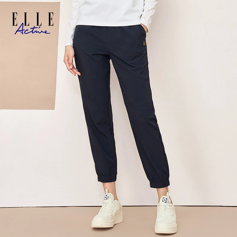 ELLE Active【舒适轻薄长裤女】简约百搭梭织抽绳高腰线显瘦休闲裤