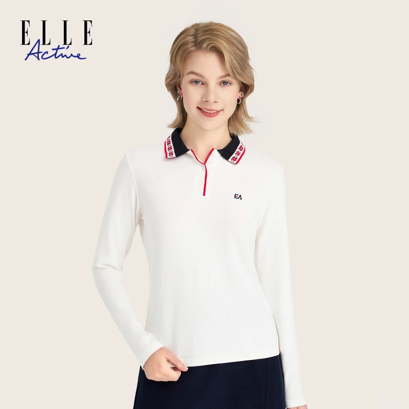 ELLE Active 新款POLO衫女士早秋简约休息上衣白色长袖打底衫