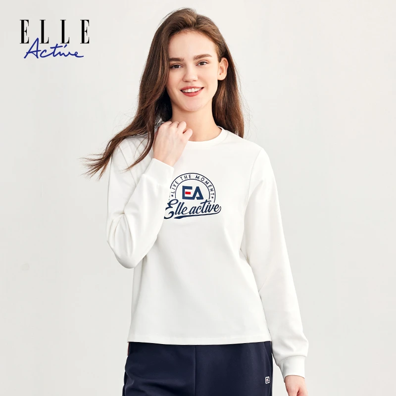 ELLE Active【丝柔棉】亲肤棉质运动长袖T恤女百搭休闲圆领上衣秋季