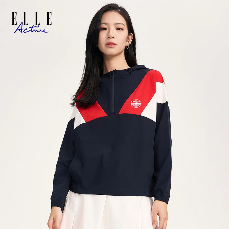 ELLE Active新款时尚拼色连帽卫衣套头衫透气运动服GE1C06152014