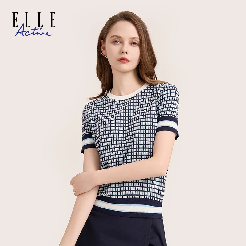 ELLE Active【3D格子】女装休闲时尚圆领针织正肩套头短袖t恤女夏季