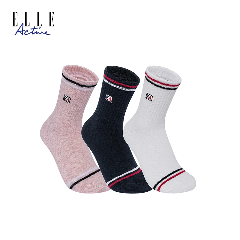 ELLE Active新款时尚休闲运动三双装女款条纹中筒袜透气防臭袜子
