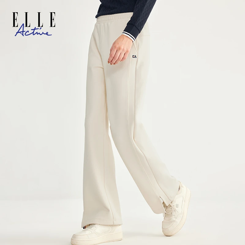 ELLE Active2025秋季新款阔腿裤休闲长裤女士米白色松紧裤子开叉