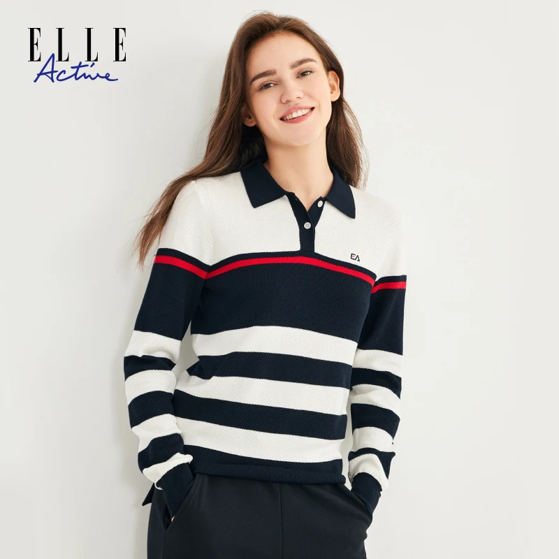 ELLE Active【条纹POLO针织衫】秋季女装休闲翻领套头长袖毛织上衣