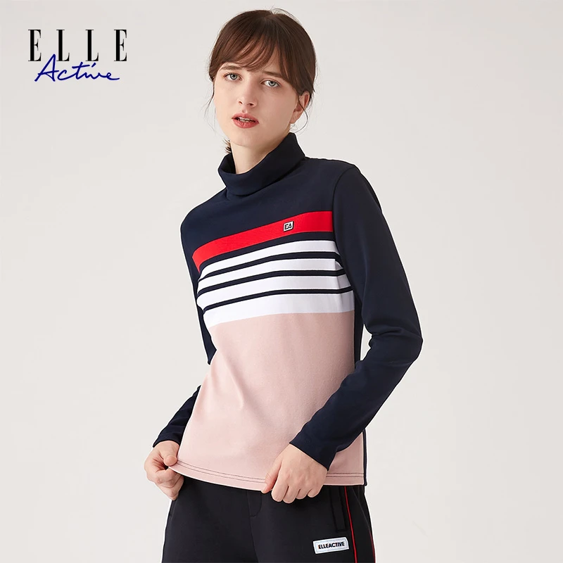 ELLE Active新款女装长袖T恤打底衫半高领上衣保暖简约撞色保暖衣