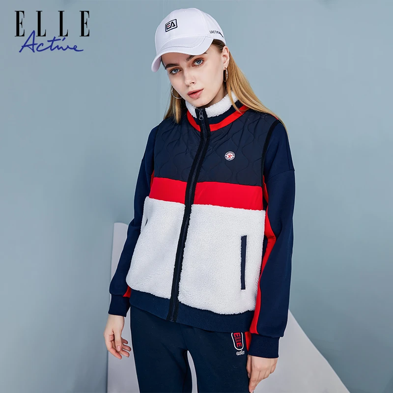 ELLE Active 秋冬女士装新款拼接撞色休闲运动立领羊羔毛马甲外套