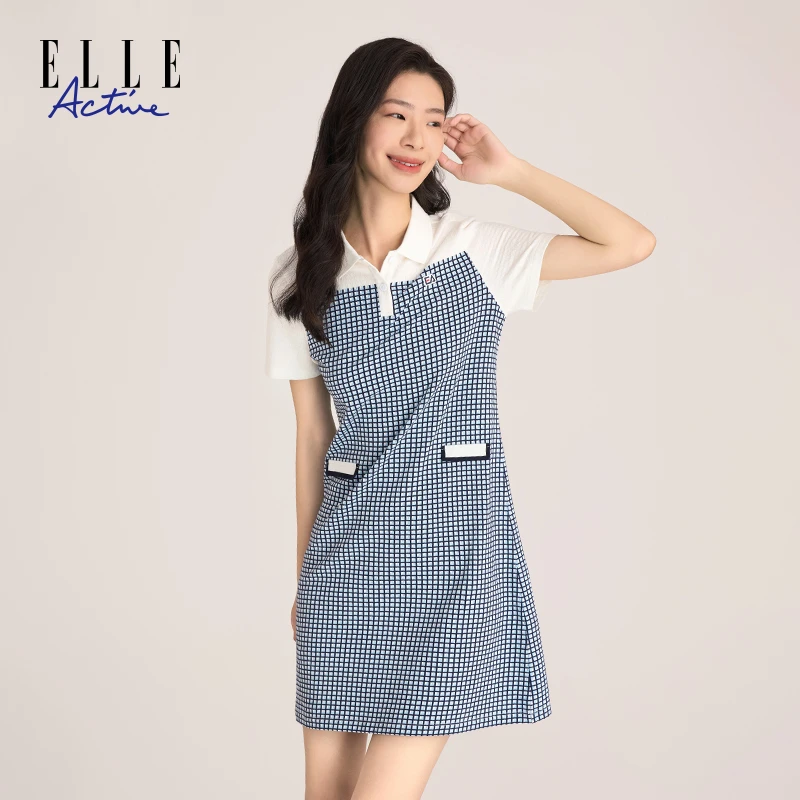 ELLE Active新款翻领polo裙短袖格纹拼接针织气质格子修身连衣裙