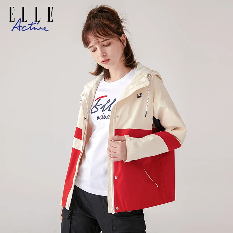ELLE Active 新款女装风衣撞色拼接宽松百搭抽绳连帽工装时尚外套