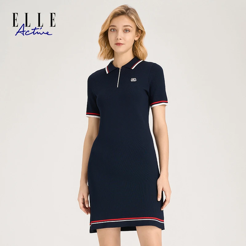 ELLE Active 夏季女装新款休闲修身翻领拼接裤短袖气质针织连衣裙