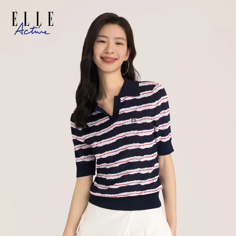ELLE Active夏季新款条纹针织衫上衣短袖透气T恤简约V领翻领女装