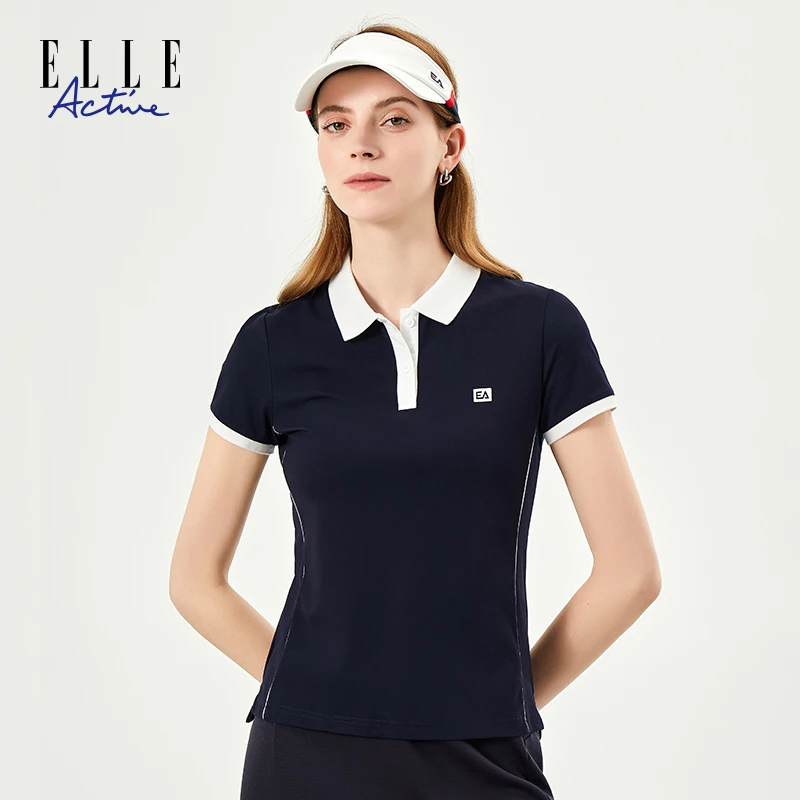 ELLE Active新款运动polo衫短袖女翻领t恤上衣女修身显瘦翻领商务